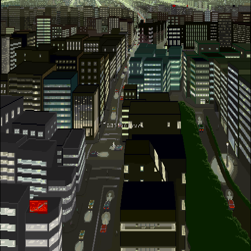 Pixellated isometric cityscape from the Sharp X68000 videogame Yami no Ketsuzoku: Kanketsu-hen.